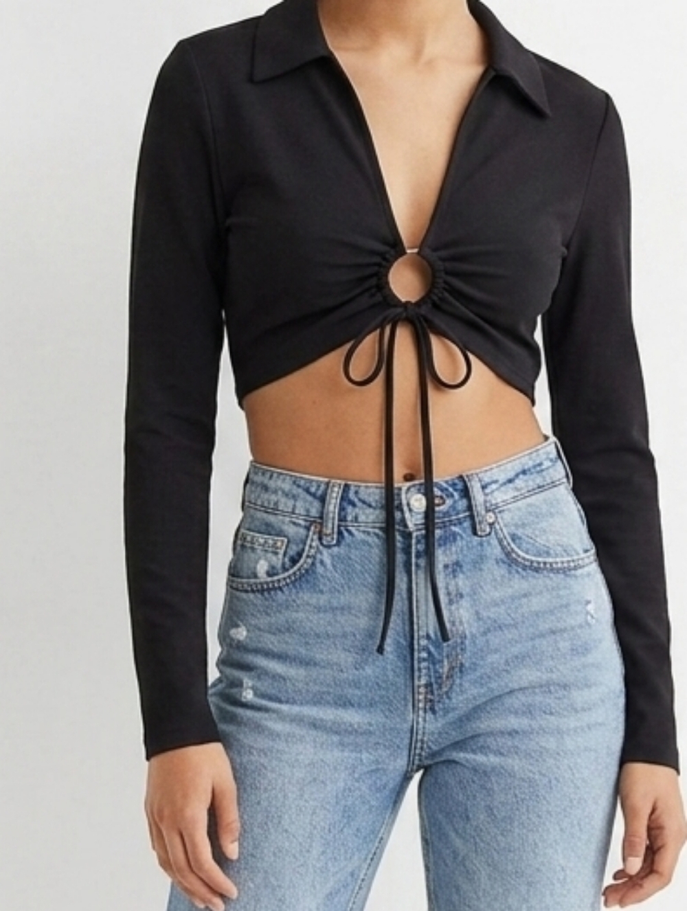 Divided By H&M Black Long-Sleeve Cropped Top Size L